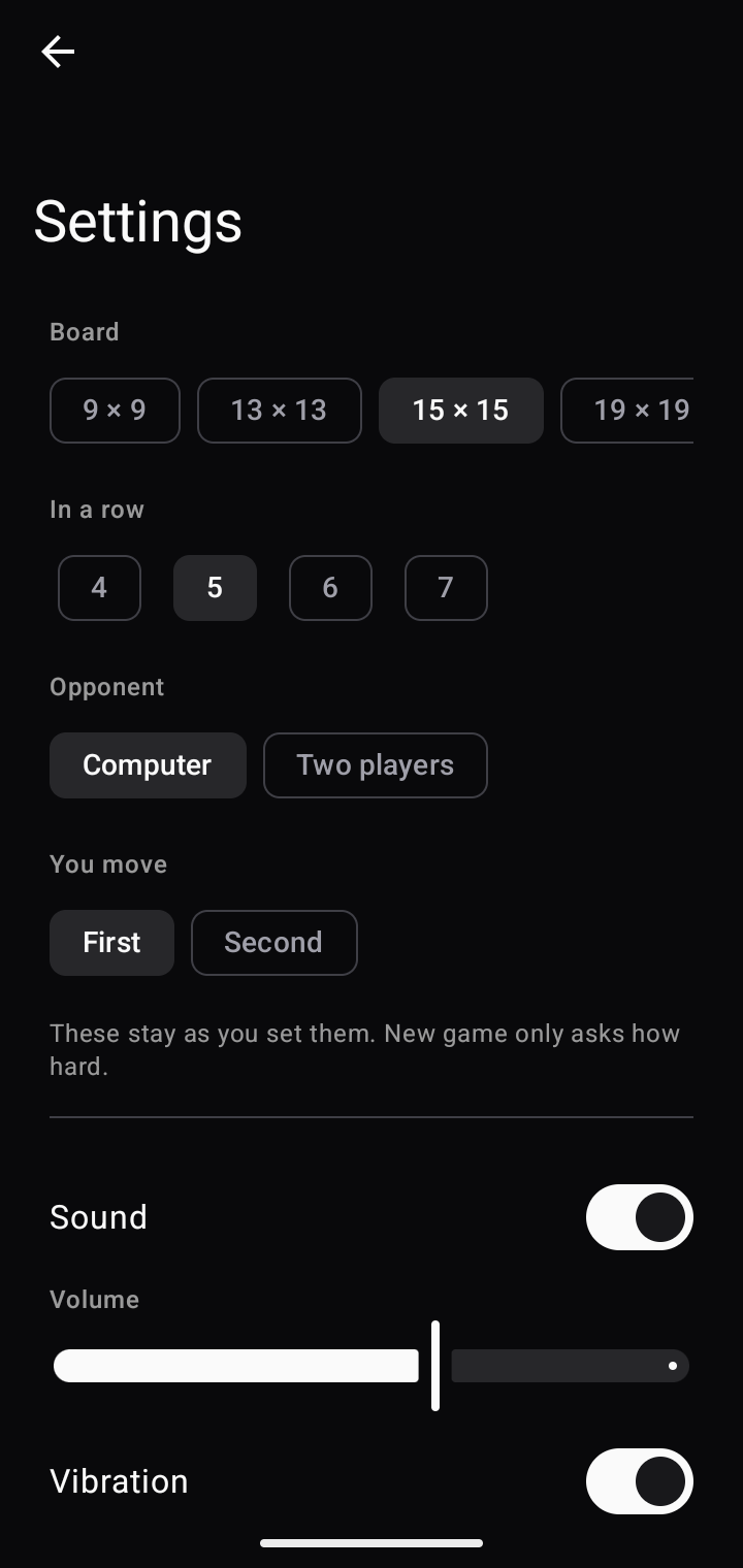 Settings for board size and rules